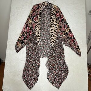Umgee Mixed Print Floral Leopard Kimono Cardigan Womens M Festival Boho Layer
